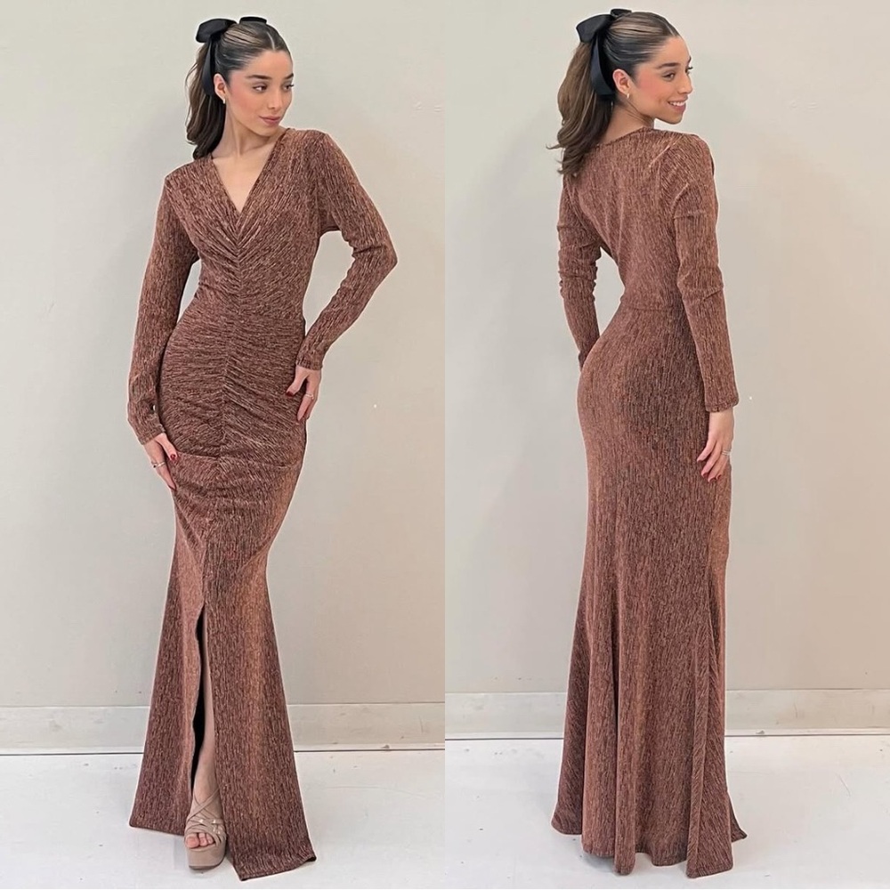 NWT ROUCHED LONG SLEEVE BROWN DRESS SIZE MEDIUM